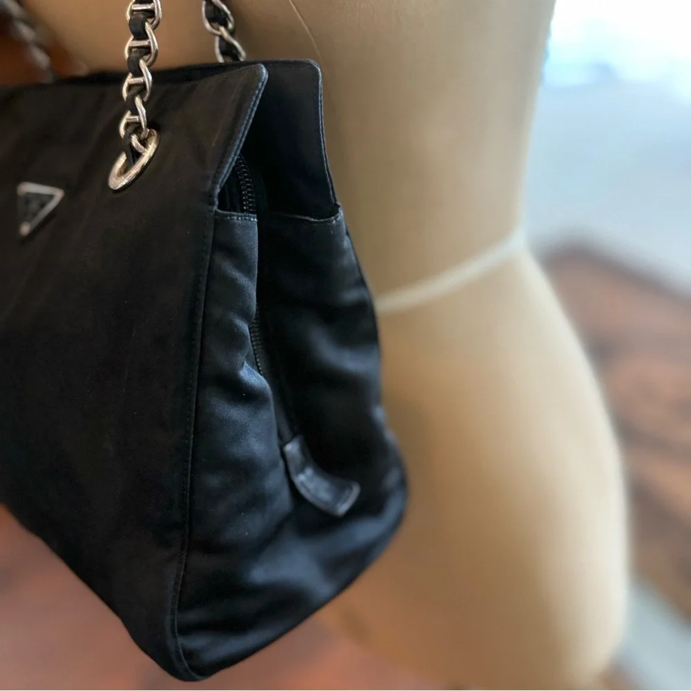 Prada Black Nylon Shoulder Bag w/ Silver and  Saffiano Black Leather Chain Strap - Picture 12 of 12